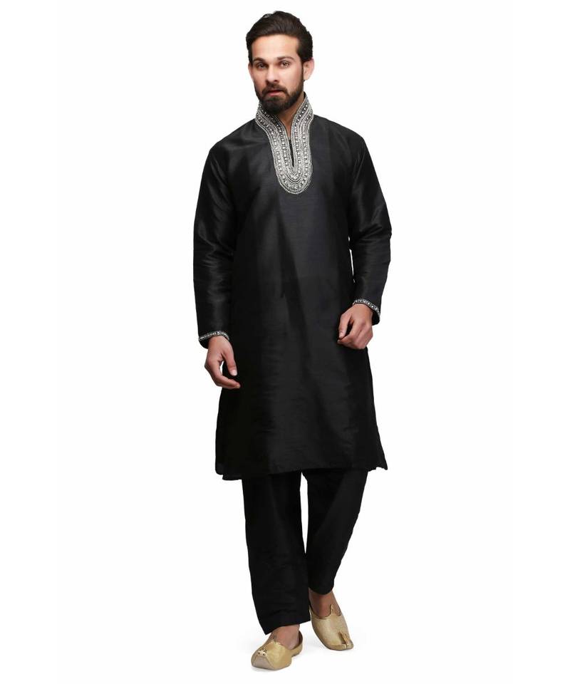 Black silk printed stitched   mens kurta