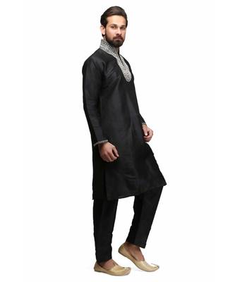 Black silk printed stitched   mens kurta 3