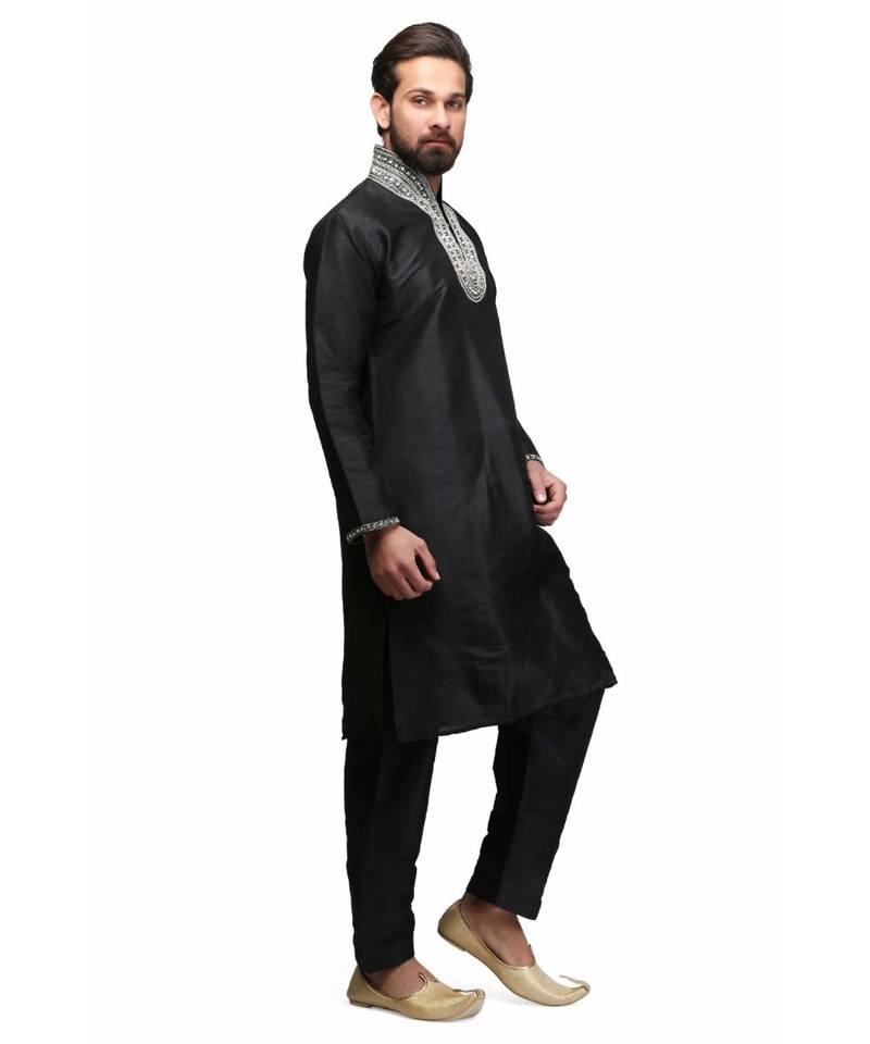 Black silk printed stitched   mens kurta