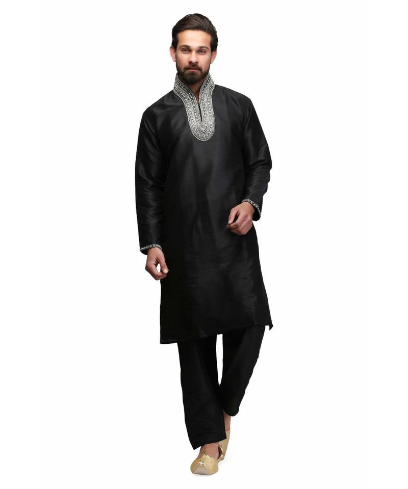 Black silk printed stitched   mens kurta