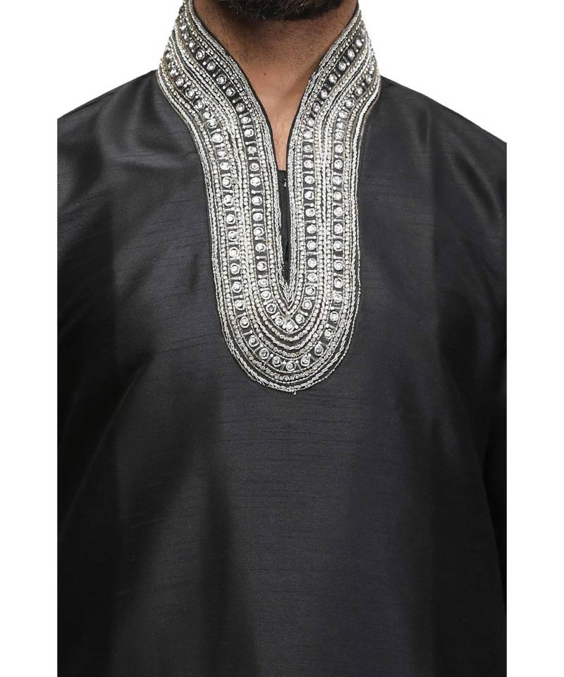 Black silk printed stitched   mens kurta