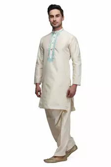 white silk embroidered   stitched   mens kurta