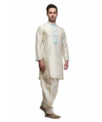 white silk embroidered   stitched   mens kurta 3