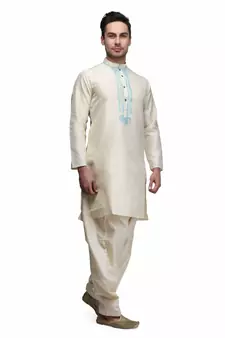white silk embroidered   stitched   mens kurta