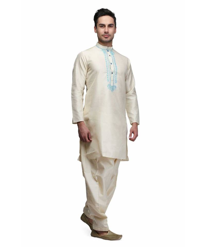 white silk embroidered   stitched   mens kurta