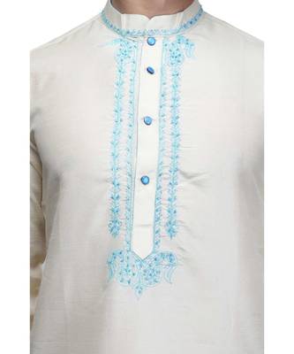 white silk embroidered   stitched   mens kurta 4