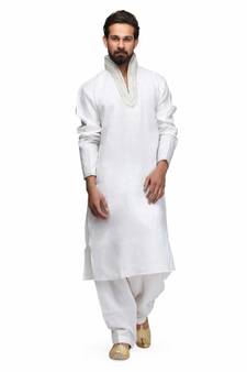 White silk printed stitched   mens kurta