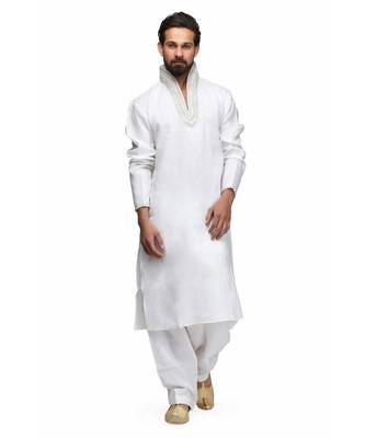 White silk printed stitched   mens kurta 1