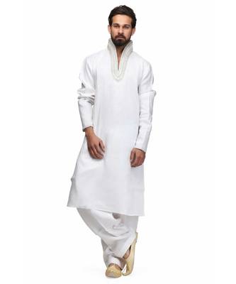White silk printed stitched   mens kurta 2