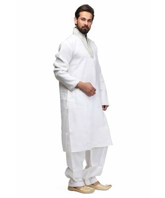 White silk printed stitched   mens kurta 3