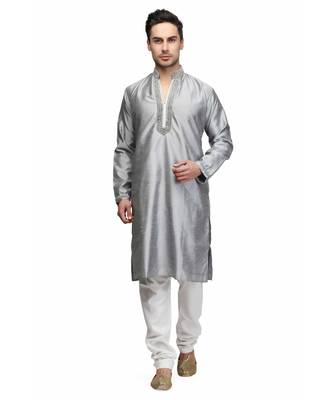 Silver silk printed stitched   mens kurta 1