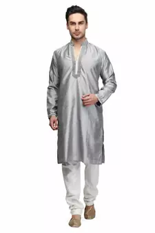 Silver silk printed stitched   mens kurta