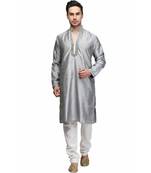 Silver silk printed stitched   mens kurta