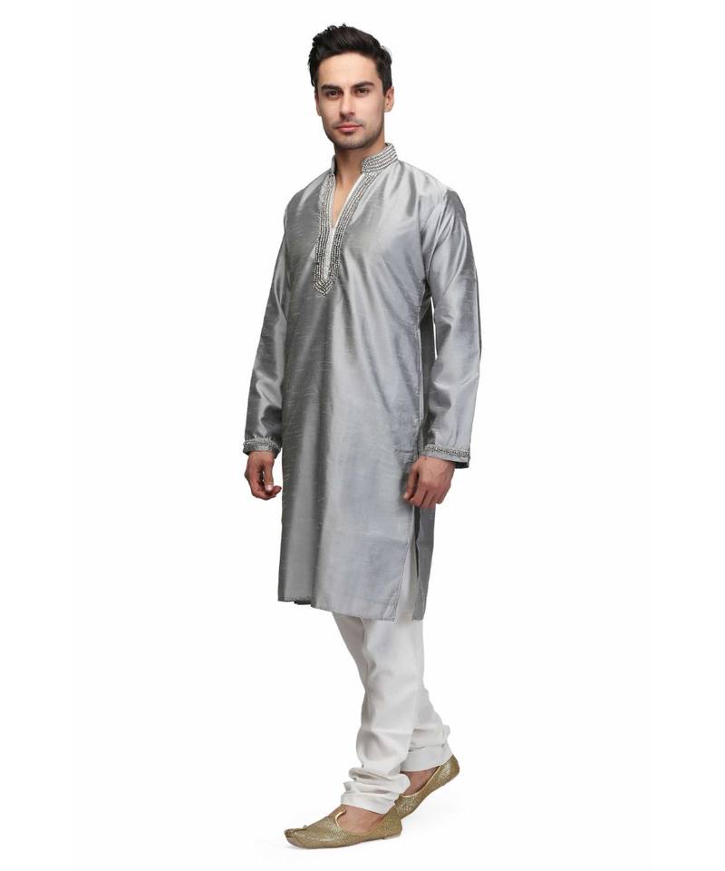 Silver silk printed stitched   mens kurta