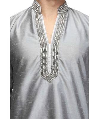 Silver silk printed stitched   mens kurta 3
