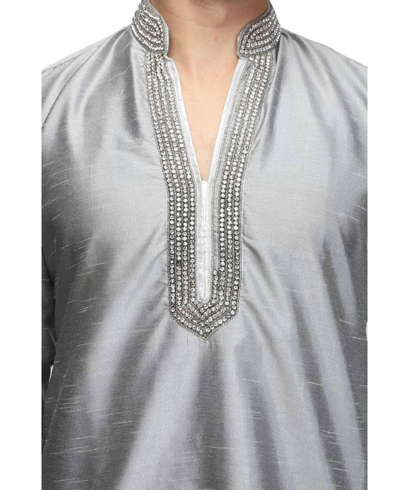 Silver silk printed stitched   mens kurta