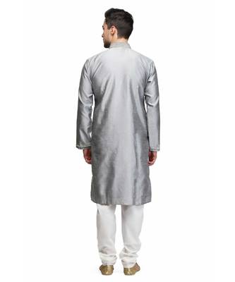 Silver silk printed stitched   mens kurta 4