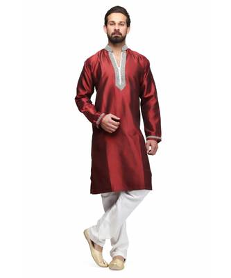 Maroon silk printed stitched   mens kurta 1