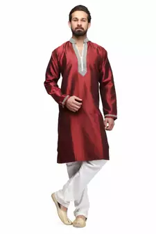 Maroon silk printed stitched   mens kurta