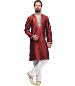 Maroon silk printed stitched   mens kurta