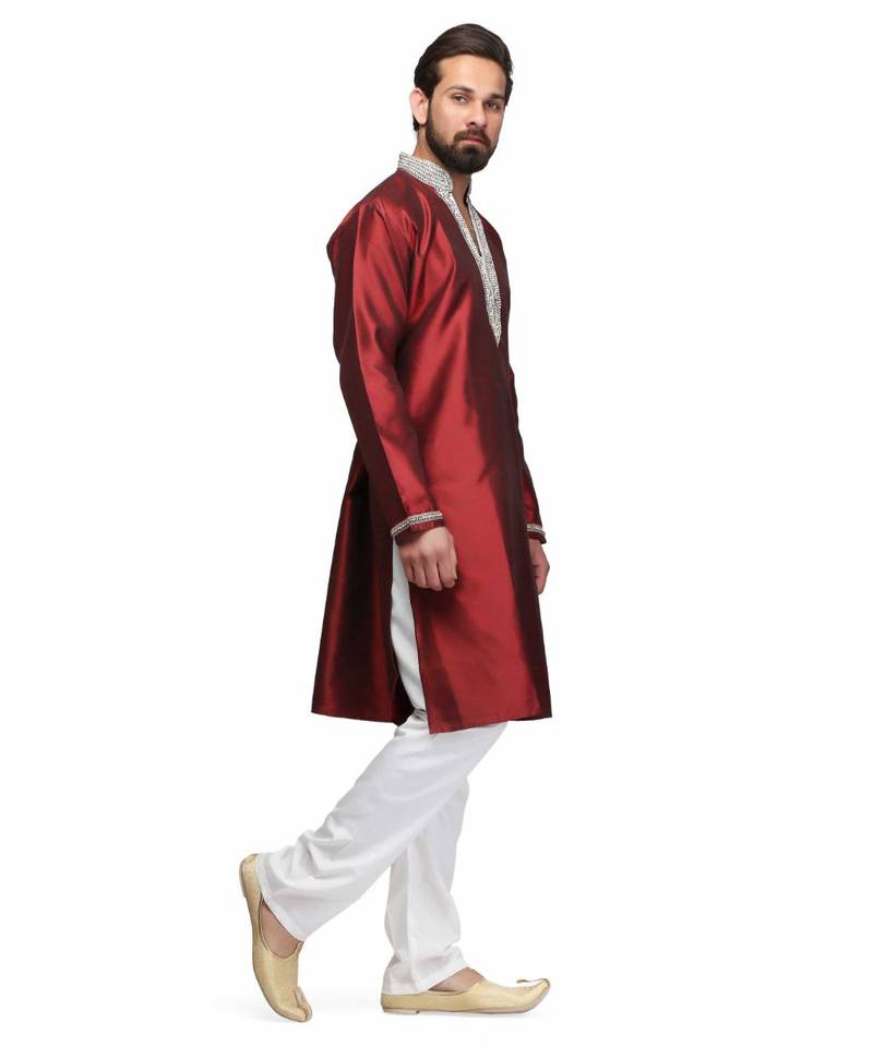 Maroon silk printed stitched   mens kurta
