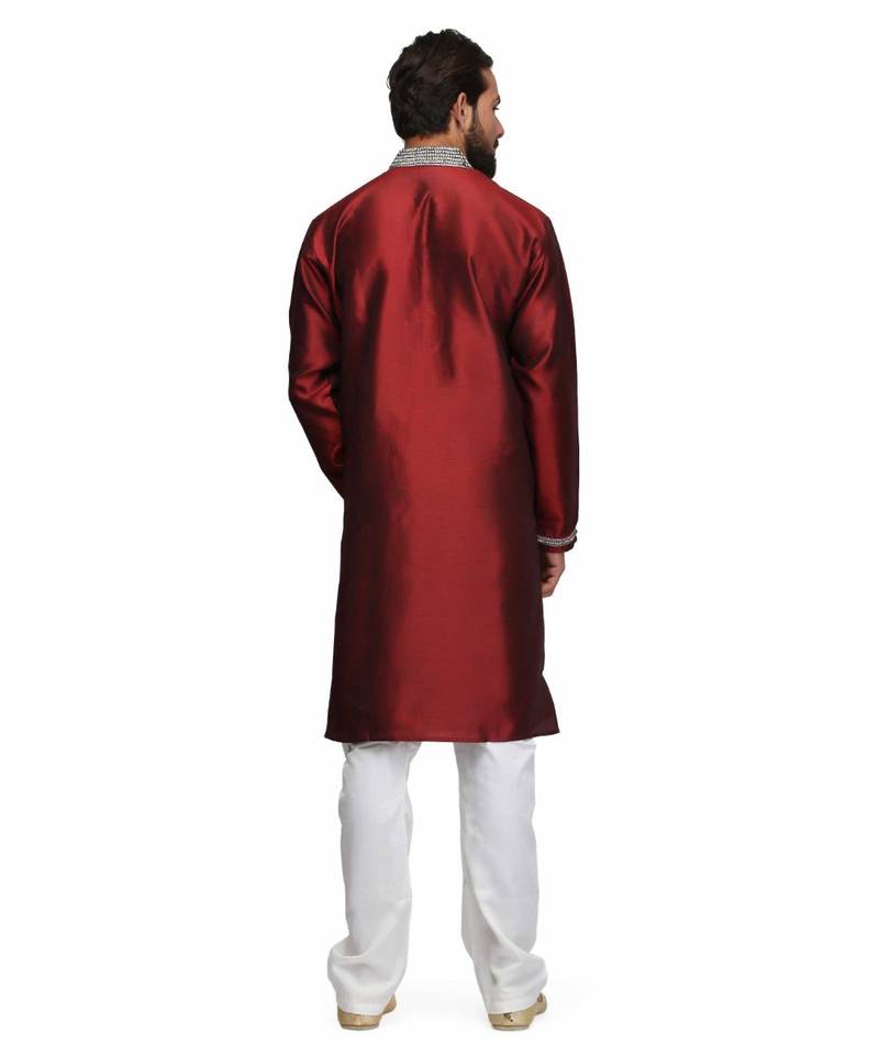 Maroon silk printed stitched   mens kurta