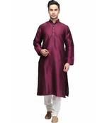 Purple silk printed stitched   mens kurta