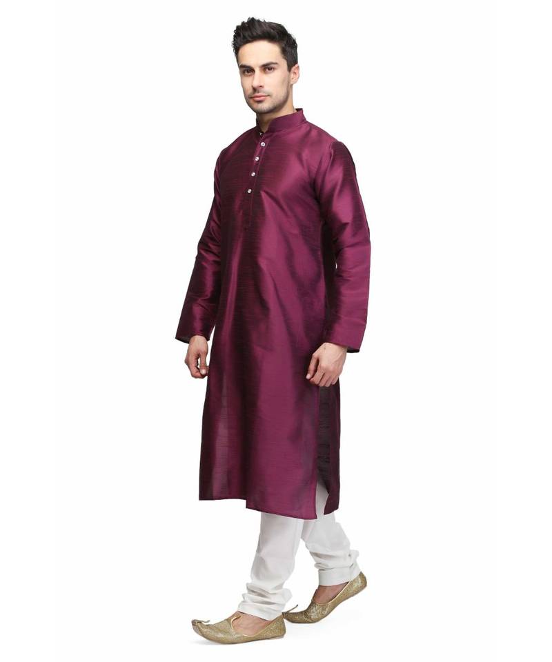 Purple silk printed stitched   mens kurta