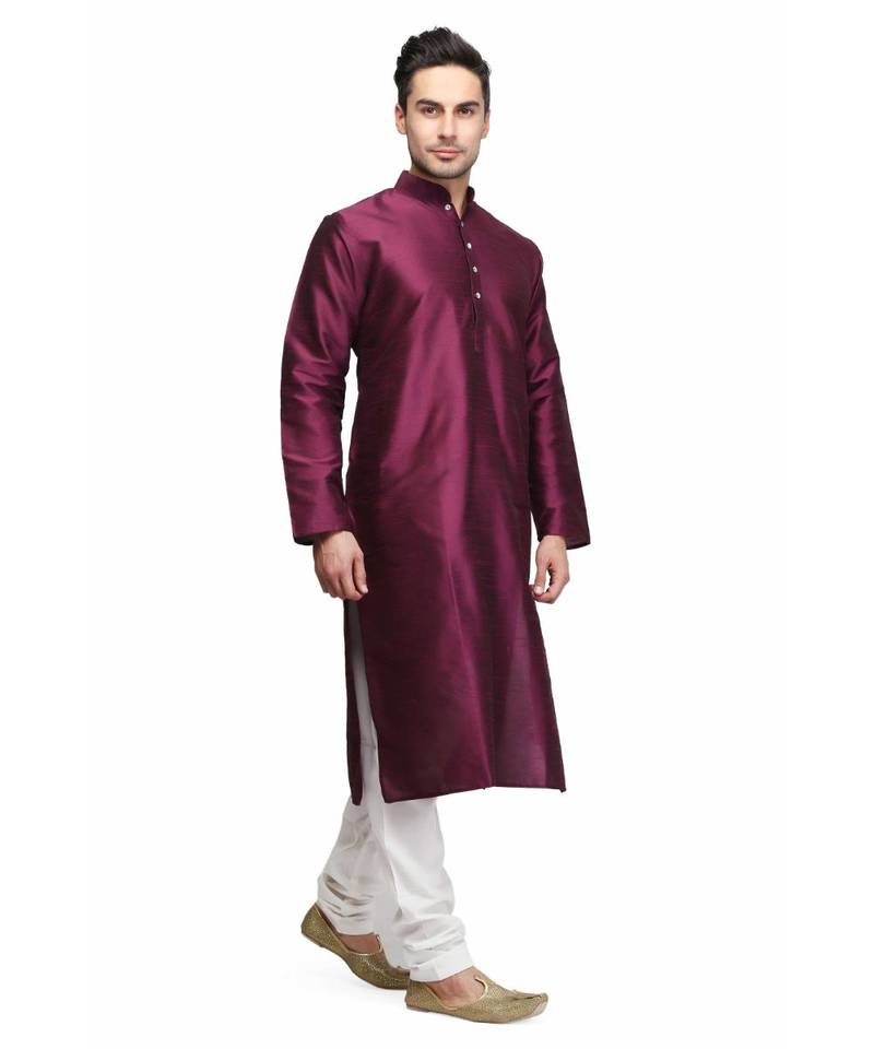 Purple silk printed stitched   mens kurta