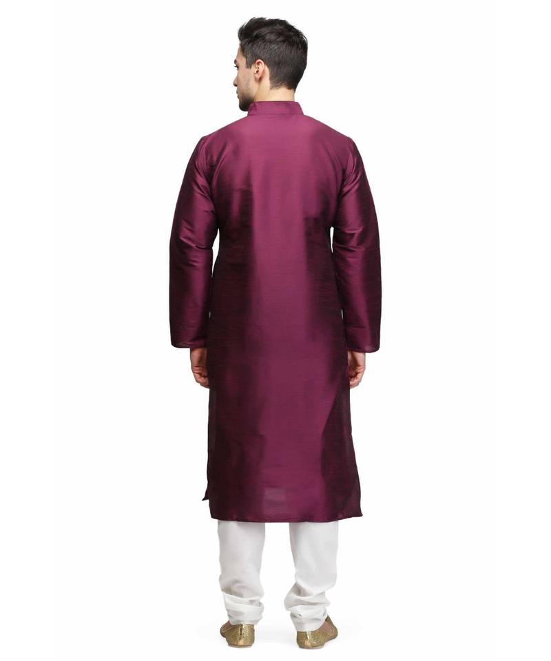 Purple silk printed stitched   mens kurta