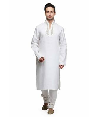 White silk printed stitched   mens kurta 1