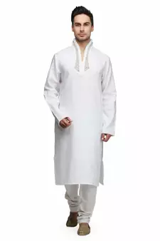 White silk printed stitched   mens kurta