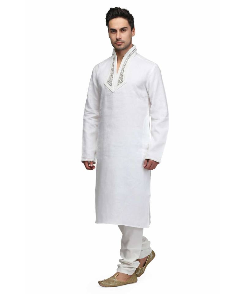 White silk printed stitched   mens kurta