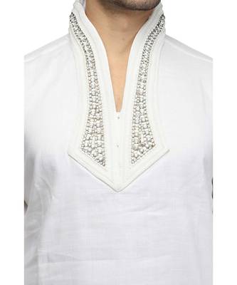 White silk printed stitched   mens kurta 3