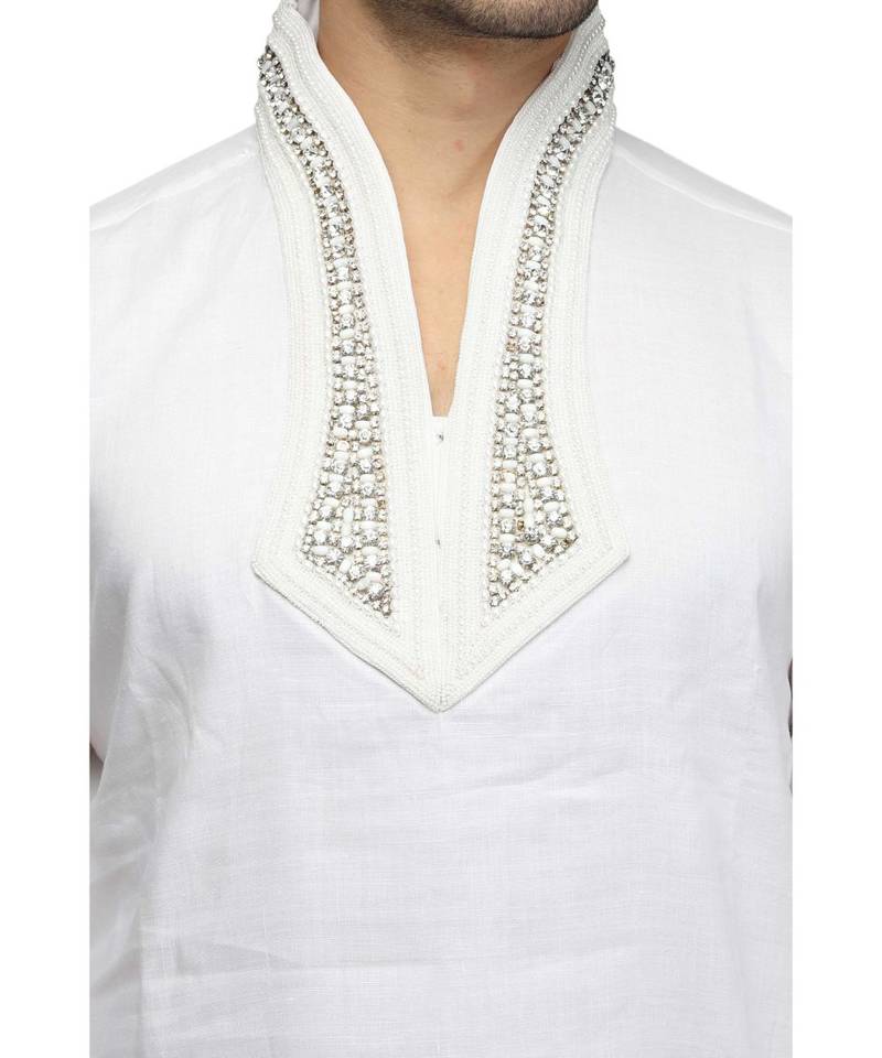White silk printed stitched   mens kurta