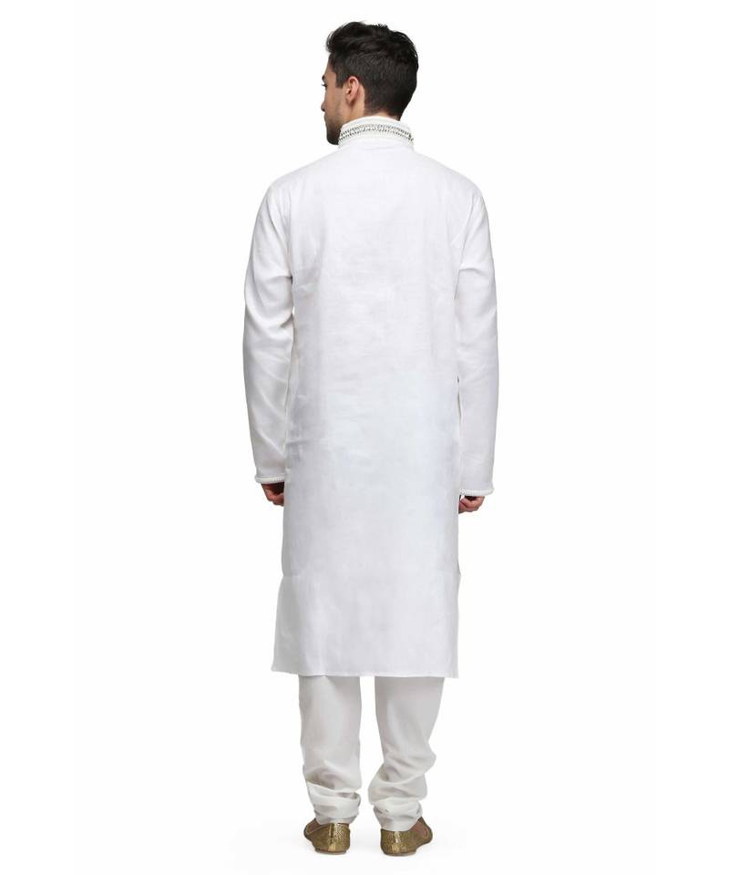 White silk printed stitched   mens kurta