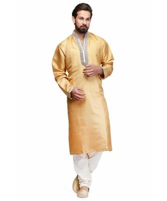 Yellow silk printed stitched   mens kurta 1