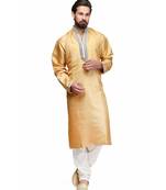 Yellow silk printed stitched   mens kurta