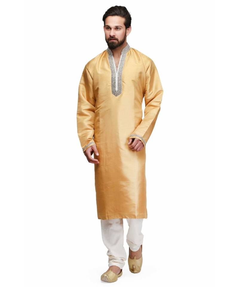 Yellow silk printed stitched   mens kurta
