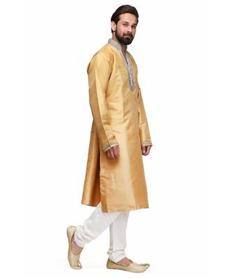 Yellow silk printed stitched   mens kurta 3