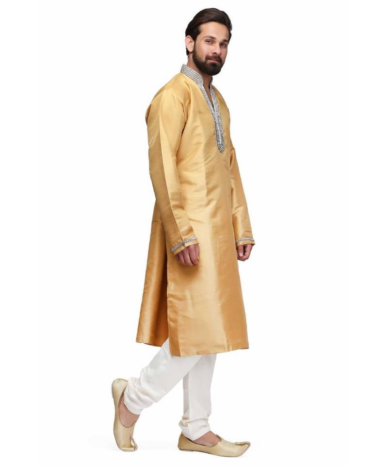 Yellow silk printed stitched   mens kurta
