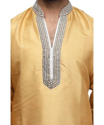 Yellow silk printed stitched   mens kurta 4