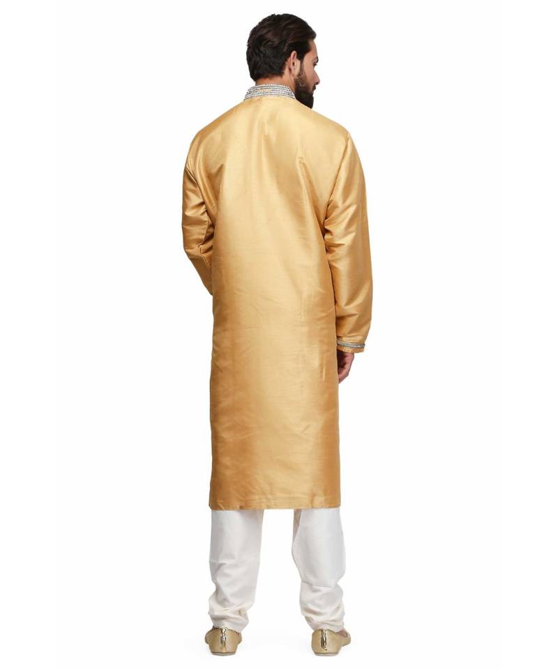 Yellow silk printed stitched   mens kurta