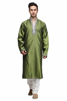 Green silk printed stitched   mens kurta