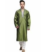 Green silk printed stitched   mens kurta