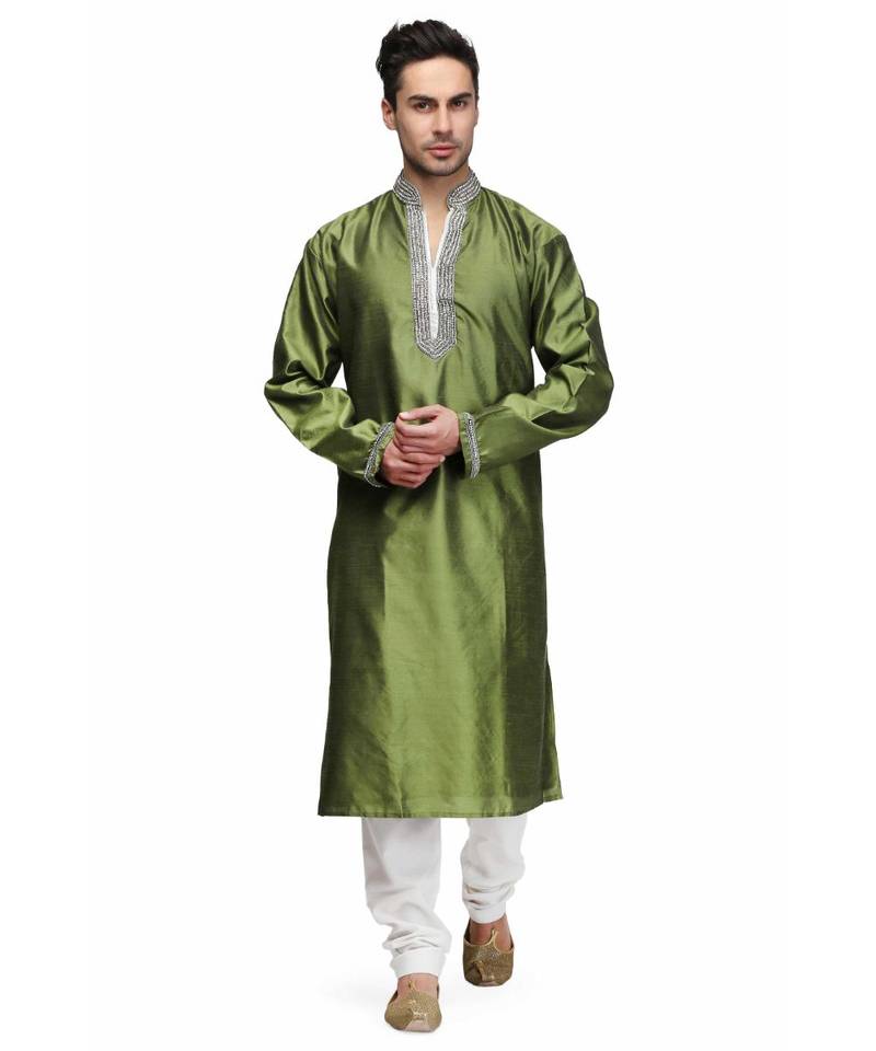 Green silk printed stitched   mens kurta