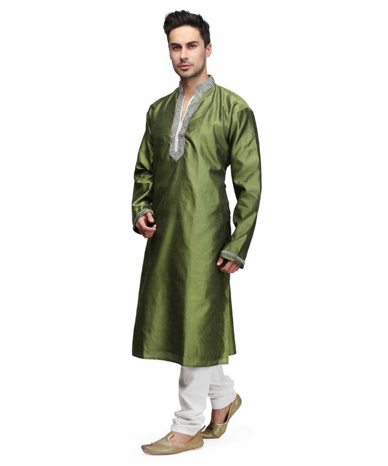 Green silk printed stitched   mens kurta