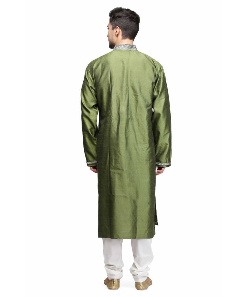 Green silk printed stitched   mens kurta