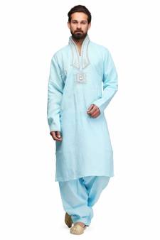 Blue Cotton printed stitched   mens kurta