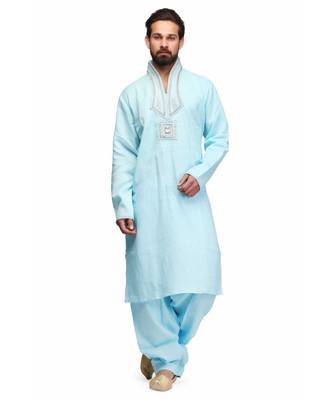 Blue Cotton printed stitched   mens kurta 1